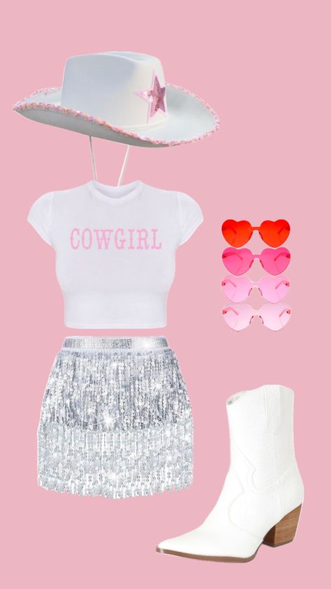 Created by kaylaahahn on Shuffles Pink Cowgirl Aesthetic Party, Cowgirl Birthday Party Outfit, Cowgirl Costume Diy, Pink Cowgirl Aesthetic, Pink Disco Cowgirl, Cowgirl Birthday Outfit, Cowgirl Disco, Pink Disco, Cowgirl Birthday Party