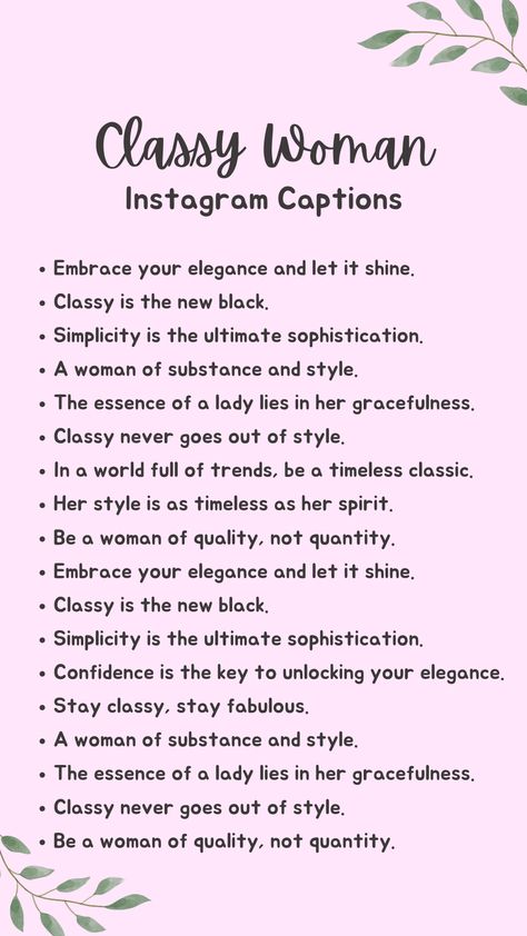 Discover a handpicked collection of classy woman quotes for Instagram that exude timeless elegance and inspiring grace. Instagram Bio Classy, Quotes For Elegance, Classy Ig Bio Ideas, Classy Words In English, Caption For Elegant Look, Classy Caption For Women, Classy Bio Ideas For Instagram, Classy Instagram Bio For Women, Classic Instagram Bio