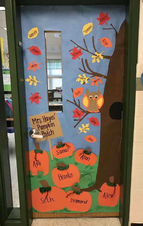 Leaf Classroom Door Ideas, Fall Decorated Classroom Doors, Fall Themed School Doors, Fall Classroom Door Ideas Kindergarten, Fall Classroom Door Ideas September, Harvest Classroom Door, Fall Classroom Window Ideas, Pumpkin Classroom Door Ideas, Fall Themed Doors For School