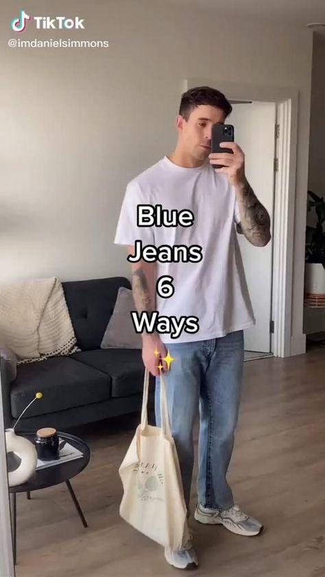 Minimalist Blue Outfit, Outfits With Blue Jeans Men, How To Style Jeans Men, How To Style Blue Jeans Men, Blue Jeans Outfit Men Aesthetic, Men Jeans Outfit Street Style, Blue Jeans Outfit Men Streetwear, Vintage Jeans Outfit Men, Jeans Outfit Men Aesthetic