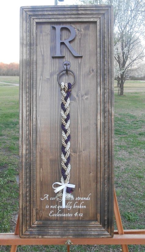 God's corded knot with verse, a cord of three strands,colored cord,wedding unity ceremony, alternative unity symbolism, wood wedding sign |  husband name tattoos for women back Wedding Unity Ceremony, Wedding Ceremony Unity, Awesome Woodworking Ideas, Cord Of Three Strands, Rocky Point, Unity Ceremony, Wood Wedding Signs, Wedding Unity, Sand Ceremony