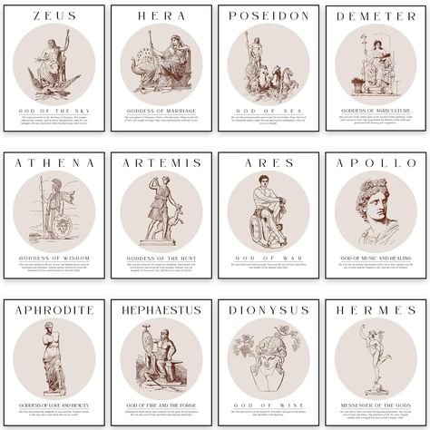 PRICES MAY VARY. ELEGANT AND MEANINGFUL DESIGN: 12 greek decorations posters blends classical artistry with modern design, offering a fresh perspective on Greek mythology, complete with fascinating information about the gods, making greek mythology poster not just a decorative piece but also a source of inspiration and knowledge. COMPLETE GREEK MYTHOLOGY COLLECTION: Greek home decor posters include 12 stunning pcs, each one dedicated to a different deity from the Greek pantheon, size 8x10 inch ( Greek Themed Decor, Greek Mythology Invitation, Greek Mythology Party Decorations, Greek Mythology Room Decor, Greek Party Decor, Greek Statue Decor, Greek Mythology Posters, Greek Mythology Art Aesthetic, Greek God Statues