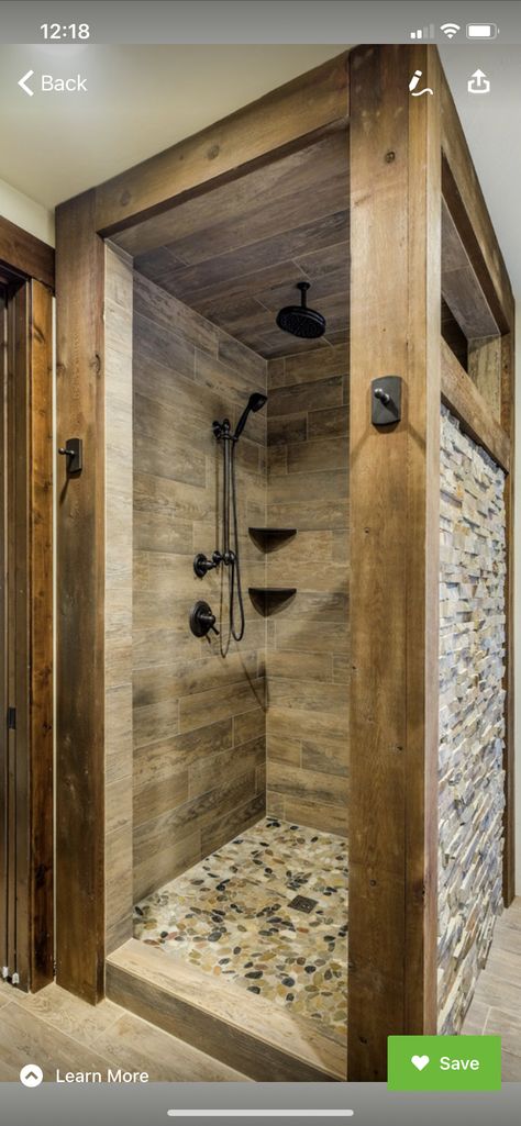 River Rock Shower, Rustic Bathroom Shower, Rock Shower, Rustic Bathroom Remodel, Detail Arsitektur, Rustic Shower, Cabin Bathrooms, Rustic Bathroom Designs, Bathroom Farmhouse Style