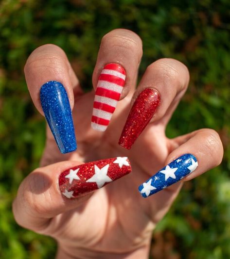 30 Nails Designs For The 4th of July That Are Not Tacky Nails Red White Blue, White And Blue Nails, Red White Blue Nails, Press On Nails Red, Blue Press On Nails, Firework Nails, Patriotic Nails, Fourth Of July Nails, Toe Nail Color