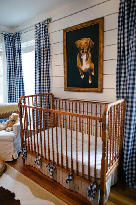 Vintage Nursery Boy, Brown Crib, Nursery Ideas Boy, Gingham Curtains, Wood Crib, Baby Boy Bedroom, Boy Bedroom Design, Baby Boy Room Nursery, Nursery Room Inspiration