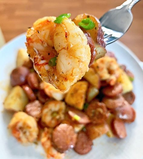 Sausage Shrimp And Potatoes, Shrimp Sausage Potatoes Bake, Sausage Sheet Pan Meal, Sausage Sheet Pan, Sausage And Potatoes Skillet, Sausage And Potato Bake, Good Meals, Cajun Sausage, Stuffed Baked Potatoes