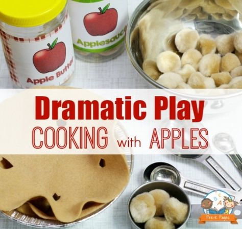 Apple Activities for Preschool and Kindergarten - dramatic play- Pie pan with tan Pom poms, tan felt, and measuring spoons. Apple Activities For Preschool, Apple Orchard Dramatic Play, Autumn Preschool Theme, Preschool Apple Theme, Dramatic Play Themes, Dramatic Play Center, Apple Lessons, Pre K Pages, Apple Preschool