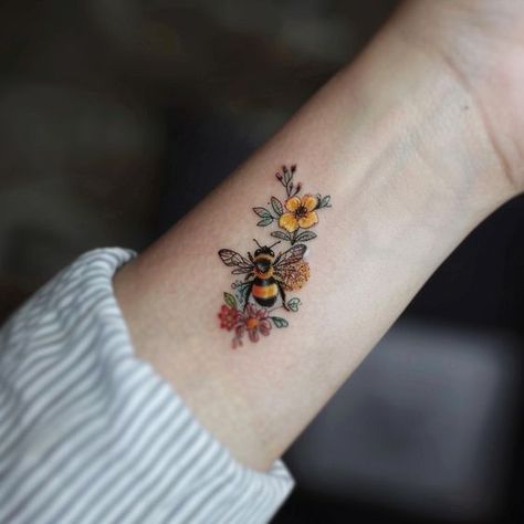 Tattoo Of A Bee, Bee Memorial Tattoo, Bee Present Tattoo, Bee And Daisy Tattoo, Bee Tattoo Wrist, Two Bees Tattoo, Bee And Sunflower Tattoo, Sunflower Bee Tattoo, Bee Wrist Tattoo