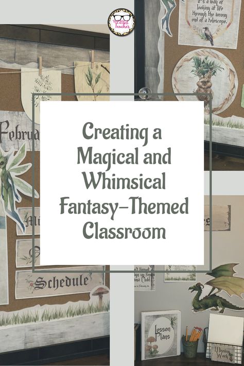 Transforming your classroom into a fantasy-themed space can be an exciting way to spark the imagination and create a magical atmosphere for your students. A fantasy-themed classroom offers a unique and playful environment that encourages creativity, engagement, and a sense of wonder. Hobbit Classroom Door, Classroom Creative Ideas, Magic Theme Classroom Ideas, Fantasy Bulletin Board, Enchanted Forest Classroom Decorations, Fairy Forest Classroom Theme, Magical Classroom Decor, Magic Treehouse Classroom Theme, Whimsigoth Classroom