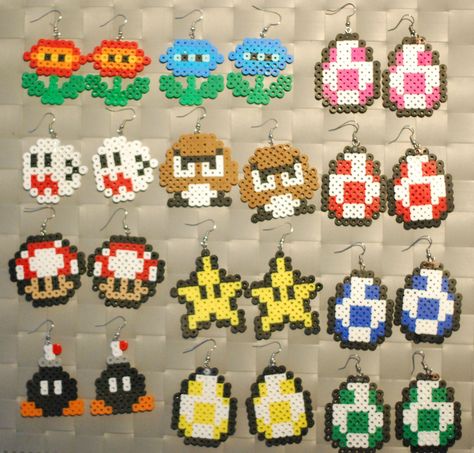 Perler Earrings. Hama Beads Mario, Perler Earrings, Mario Crafts, Hama Mini, Hamma Beads Ideas, Perler Bead Templates, Motifs Perler, Beaded Earrings Diy, Bead Sprite