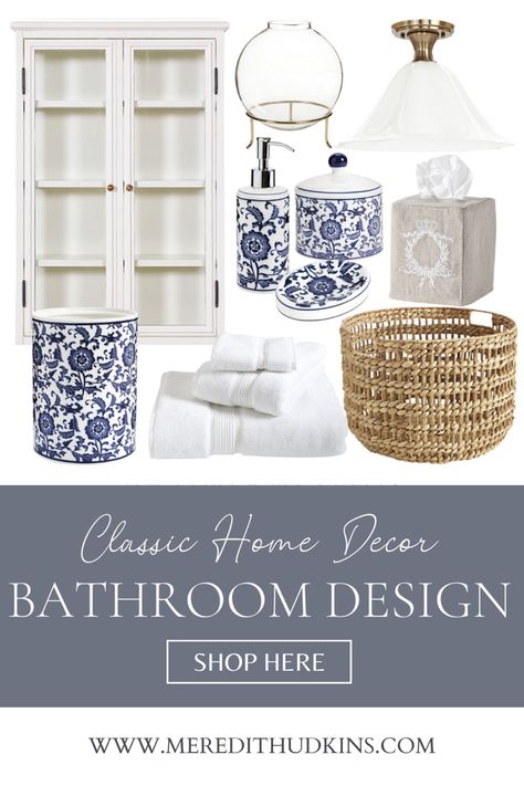 Bathroom Decor Blue And White, Blue And White Bathroom Accessories, Blue And White Bathroom Decor Ideas, Coastal Bathroom Accessories, White Bathroom With Blue Accents, Basket Storage Bathroom, Blue And White Bathroom Decor, Chinoiserie Bathroom, White Vase Decor