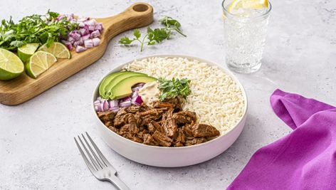 Easy Birria Bowl and Rice with Chipotle Crema | Success® Rice Beef Stew Meat Chili, Success Rice Recipes, Chili With Stew Meat, Curried Sweet Potato Soup, Chipotle Crema, Food Inc, 20 Minute Recipes, Beef Stew Meat, Beef And Rice