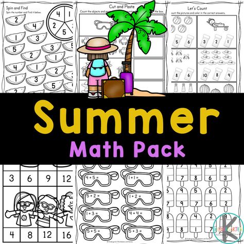 Review math with these free printable summer worksheets for kindergartners.  Simply print the kindergarten summer packet to review and learn this summer! Summer Math Worksheets, Math Worksheets For Kindergarten, Summer Science Experiments, Summer Math Activities, Summer Packet, Summer Kindergarten, Summer Worksheets, Alphabet Worksheets Kindergarten, Summer Science