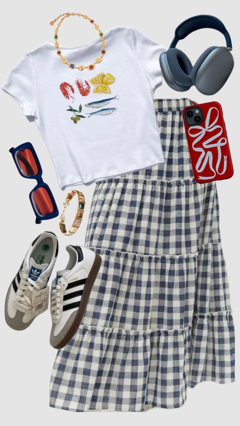 #outfit #outfitinpo #outfitboard #outfitchallenge #ootdfashion #fashioncollage #fashionmoodboard #collage #summer24 #skirt #trends #samba #music #vibes #art #bows #ribbon #gingham Outfit Inspo For Photoshoots, Skirt And Sambas Outfit, Gingham Skirt Outfit Summer, Dopamine Dressing Outfit Summer, Skirt Long Outfits, Gingham Aesthetic, Gingham Skirt Outfit, Gingham Dress Outfit, Samba Music