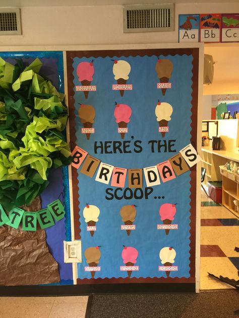 Preschool Bday Boards, Birthday Wall Ideas For Preschool, Birthday Wall Daycare Ideas, Bulletin Birthday Board Ideas, Class Birthday Wall Ideas, Office Birthday Bulletin Board Ideas, Birthday Classroom Display Ideas, Daycare Birthday Wall Ideas, Summer Birthday Wall Ideas For Classroom