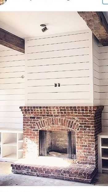 Natural Brick Fireplace, Brick Fireplace Ideas, Farmhouse Fireplace Ideas, German Schmear, Modern Farmhouse Fireplace, Red Brick Fireplaces, Fireplace Redo, Basement Fireplace, Brick Fireplace Makeover