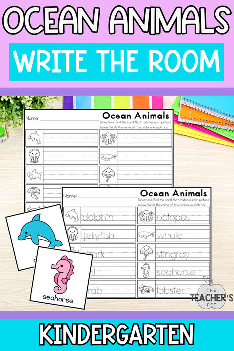 Ocean animals write the room  is a fun and engaging activity to add to your kindergarten classroom! Students hunt for words around the room and record each one on a corresponding recording sheet. There are two recording sheet options for easy differentiation. Pet Writing Activities, Ocean Kindergarten Activities, Ocean Kindergarten, Daily Schedule Cards, Math Centres, Kindergarten Freebies, Activity For Students, Teacher's Pet, Schedule Cards