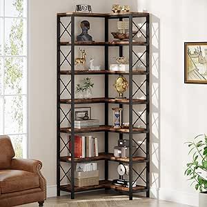 TRIBESIGNS WAY TO ORIGIN 7 Shelf Corner Bookcase, Industrial Large Corner Bookshelf, 7-Tier Tall Corner Shelf Storage Display Rack with Metal Frame for Living Room Home Office, Rustic Brown Corner Shelf Storage, Tall Corner Shelf, Office Rustic, Corner Bookshelf, Wide Bookcase, Frame For Living Room, Shelf Corner, Bookcase With Glass Doors, Corner Bookshelves