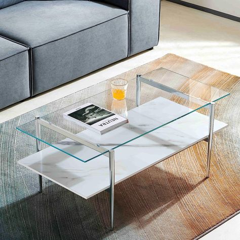 Saint Mossi 202206CR-CL-WT Tadio Glass Coffee Table, Double Layer Glass Coffee Table for Living Space, Ultra-Clear Glass & White Marble MDF Top, Chrome Finish Metal Frame #table #coffeetable #glass #glasstable #glasscoffeetable #livingroom #white #marble #home Metal Frame Table, Living Room Brown, Coffee Table For Living Room, Room Brown, Table For Living Room, Double Glass, Glass Coffee Table, Coffee Brown, Bottom Shelf