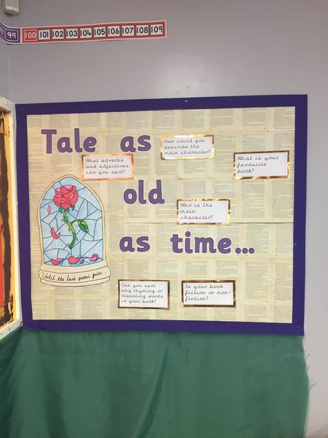 Beauty and the Beast Reading corner Disney Reading Corner, Beauty And The Beast Bulletin Board, Beauty And The Beast Classroom Theme, Beauty And The Beast Classroom, Beauty And The Beast Reading, Book Corner Classroom, Book Corner Display, Fairytale Classroom, Disney Library