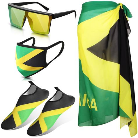 PRICES MAY VARY. Ideal Vacation Suit Combination: the package come with 1 piece of Jamaican swimsuit cover up, 1 piece of Jamaica sunglasses, 1 pair of Jamaican sandals and 1 piece of Jamaican face mask for men women, offering you an attractive outfit from head to foot Reliable Material for Comfortable Wearing: made of quality chiffon, the cover up vacation scarf is pliable and serviceable in structure, breathable and lightweight, able to keep your body away from strong sunlight, sand, wind, etc Jamaica Outfits Ideas, Yellow Swimwear With Uv Protection For Beach, Yellow Swimwear With Uv Protection For Summer, Yellow Uv Protection Swimwear For Summer, Jamaican Swimsuit, Jamaica Colors, Black Sarong, Jamaican Colors, Jamaica Outfits