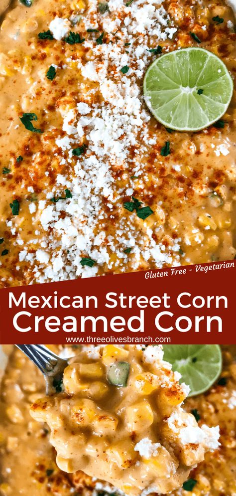 Cream Corn Mexican, Elote Cream Corn, Brisket Elote Recipe, Elote Creamed Corn Recipe, Creamed Street Corn, Mexican Corn Elote, Creamed Corn Uses, Southern Creamed Corn Recipe, Spicy Cream Corn Recipe