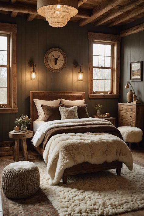 Woodsy Master Bed, Modern Lodge Decor Bedroom, Cozy Lodge Bedroom, Mountain House Master Bed, Log Home Bedroom Ideas Master Suite, Dark Rustic Bedroom Ideas, Cabin Master Bedrooms Cozy, Rustic Elegant Bedroom, Rustic Bed Room