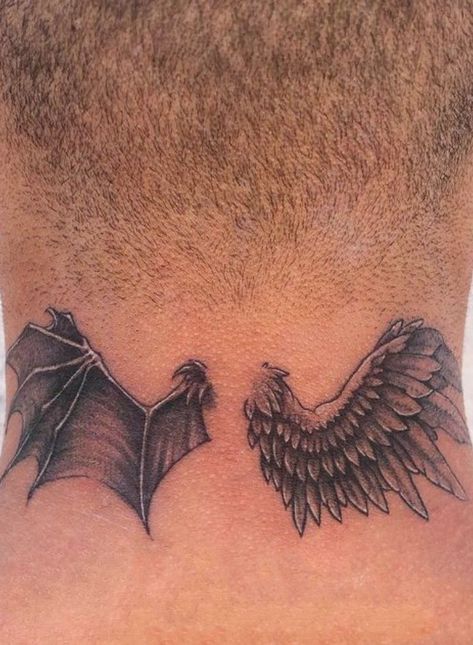 Bay Wings Tattoo, Angel Wing Knee Tattoo, Bat Wing Neck Tattoo, Evil Wings Tattoo, Neck Wings Tattoo Men, Batwing Tattoos, Wings Under Knee Tattoo, Lucifer Wings Tattoo, Wings Tattoo Knee