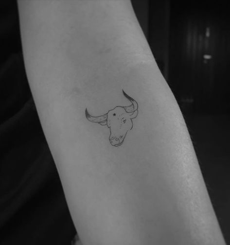 Taurus Patchwork Tattoo, Simple Ox Tattoo, Taurus Head Tattoo, Tiny Bull Tattoo, Taurus Tattoo Aesthetic, Tattoo Simple Aesthetic, Taurus Tattoo Bull, Small Bull Tattoos, Taurus Minimalist Tattoo