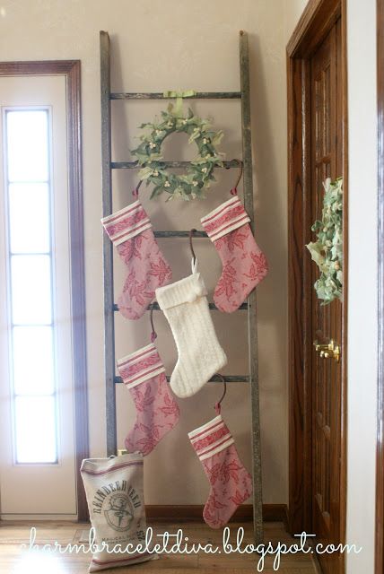 How To Display Stockings With No Fireplace, Large Family Stocking Hanging Ideas, Christmas Stocking Wall Hanger, Christmas Stocking Ladder Ideas, Hanging Christmas Stocking Ideas, Hang Christmas Stockings Without Mantle, Hanging Christmas Stockings No Fireplace, Hanging Stockings Without A Mantle, Stocking Ladder Christmas