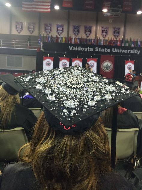 College/University Graduation cap. Diamonds and pearls. Monogram on the back head piece. Valdosta State University. Pearls Graduation Cap, Pearl Grad Cap, Diamond Graduation Cap, Pearl Graduation Cap, Science Graduation Cap, Rhinestone Graduation Cap, Education Graduation Cap, Valdosta State University, Graduation Cap Designs College