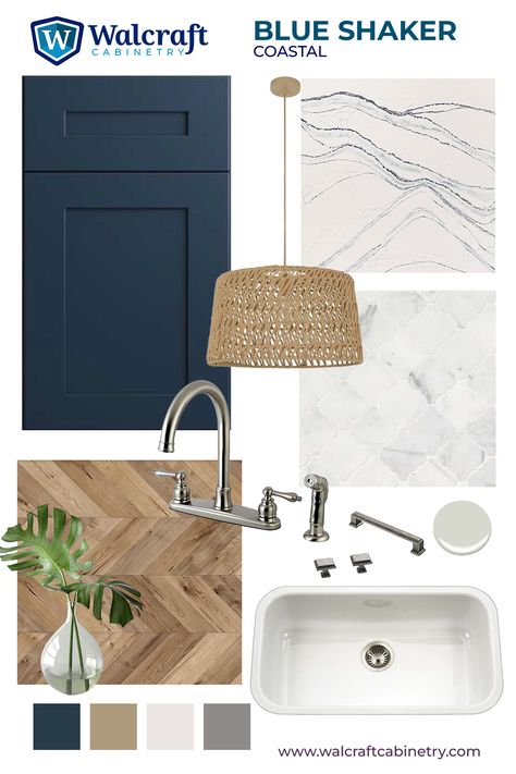 Blue White Walnut Kitchen, Dark Navy Lower Kitchen Cabinets, Navy And Beige Kitchen Cabinets, Blue Accent Wall Kitchen Ideas, Navy And Light Wood Kitchen, White Kitchen Navy Blue Island, Navy Blue And White Coastal Kitchen, Indigo Blue Kitchen Cabinets, Kitchen Backsplash With Navy Cabinets