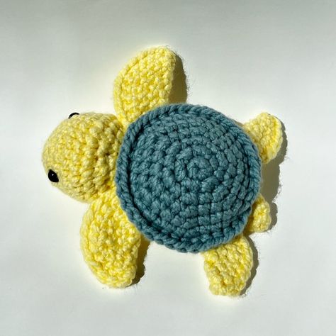 Myrtle the Crochet Turtle Blue Crochet Plushies, Yellow Crochet Projects, Blue And Yellow Crochet, Orange Teddy Bear, Stuffed Turtle, Stitched Mouth, Small Crochet Gifts, Yellow Crochet, New Mickey Mouse