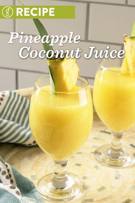 A fresh take on the pina colada, this pineapple coconut juice is light, refreshing, and a perfect blend of quality ingredients for full island flavor. | goodnature.com/recipes #rawjuice #coldpressed Pinapple Recipes Juice, Pineapple Coconut Juice, Coconut Juice Recipes, Pineapple Coconut Juice Recipe, Fresh Fruit Juice Recipes, Alkaline Drinks, Sugar Free Juice, Drinks With Pineapple Juice, Coconut Juice