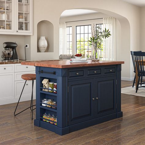 Farmhouse Island Kitchen, Island Tables, Kitchen Island With Drop Leaf, Marble Top Kitchen Island, Drop Leaf Kitchen Island, Small Kitchen Island Ideas, Blue Kitchen Island, Solid Wood Kitchen, Butcher Block Kitchen