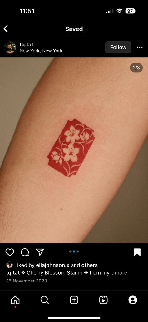 Lychee Tattoo Minimalist, Red Arm Band Tattoo For Women, Red Ink Japanese Tattoo, Cherry Blossom Stamp Tattoo, Japan Stamp Tattoo, Red Stamp Tattoo, Chinese Stamp Tattoo, Magenta Tattoo, Minimalist Red Tattoo