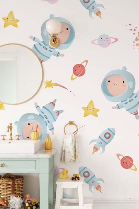 This little astronaut wallpaper is a sweet design perfect to inspire your child's imagination. Float among the stars and dream of rocket ships with this fun wallpaper, perfect for a little boy or girls room! Click on the pin or go to StyleCurator.com.au for more unique space galaxy wallpaper! Astronaut Mural, Space Galaxy Wallpaper, Wallpaper Mu, Astronaut Theme, Medical Office Design, Kids Room Murals, Space Man, Astronaut Wallpaper, School Wall Art