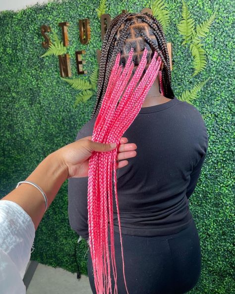 Knotless Pink Peekaboo Braids, Long Knotless Braids With Peekaboo Color, Knotless Braids With Pink In The Back, Hidden Color Box Braids, Pink Pikaboo Braids, Box Braids With Pink In The Back, Pink Jumbo Knotless Box Braids, Pink And Black Peakaboo Braids, Peak A Boo Braids Pink