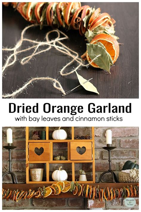 Dried orange slices, cinnamon sticks and bay leaves come together to make a fragrant and beautiful garland for fall or the Christmas holidays. Come see how you can make one for your home decor Diy Orange Garland, Dried Orange Garland, Diy Cinnamon, Fireplace Garland, Natural Things, Holiday Kids, Orange Christmas, Holiday Goodies, Dry Fruit