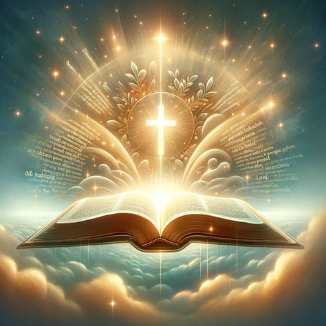 Christian Symbolism, Holy Bible Book, Holly Bible, Bible Board, Biblical Artwork, Jesus King, Soft Clouds, Celestial Theme, Open Bible