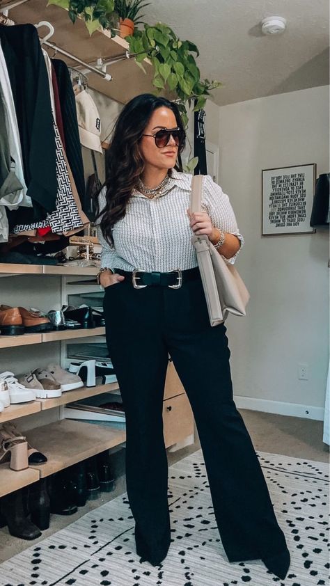 taryntruly on LTK Denim Trousers Outfit, Curvy Work Outfit, Boss Lady Outfit, Flare Jeans Outfit, Black Flare Jeans, Mom Wardrobe, Smart Casual Work Outfit, Double Buckle Belt, Midsize Outfits