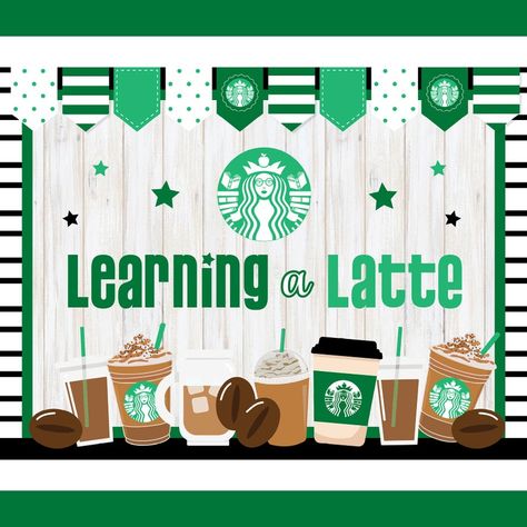 Starbooks Teacher Bulletin Board Poster Store & Pencil Pennant - Etsy Starbooks Classroom Theme, Coffee Shop Bulletin Board Ideas, Poetry Cafe Classroom Decorations, Starbucks Classroom Theme, Starbooks Cafe Classroom, Toddler Bulletin Boards, Business Office Decor, Kindergarten Classroom Setup, Book Tasting