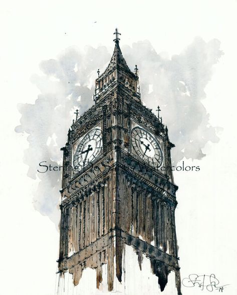 Big Ben London England by SterlingWatercolors on Etsy England Sketch, Big Ben Drawing, England Art, Watercolor Fine Art, Gcse Art Sketchbook, Building Drawing, Watercolor Architecture, Big Ben London, Bright Art