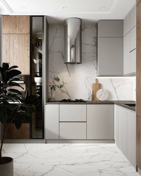 White Grey Marble Kitchen, Grey And Wood Kitchen Modern, Kitchen With Black Marble, Kitchen Black Marble, Modern Grey Kitchen, White Wood Kitchens, Modern Kitchen Cabinets, Home Design Living Room, Kitchen Marble