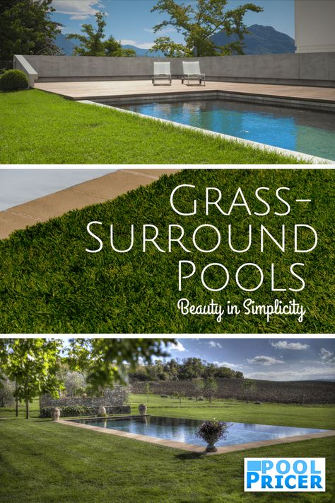 Call it a grass-surround pool, a grass-edge pool, or just a grass pool deck. Whatever, you call it, it's a chic and inexpensive option for would-be pool owners. Swimming Pool Grass Surround, Pool Grass Landscaping, Grass Next To Pool, Pools With Grass Around Them, Pool Grass Surround, Pool With Grass Surround, Grass Pool Deck, Pool With Grass Around It, Farmhouse Pools