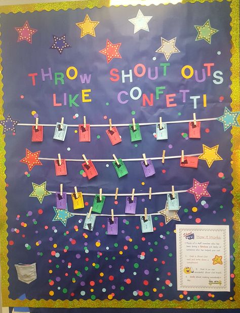 Faculty Bulletin Board - Shout Outs Teacher Recognition Bulletin Board, Shout Out Boards Employee, Work Shout Out Board, Staff Positivity Board, Classroom Shout Outs, Hr Communication Board, Staff Shout Out Board Good Ideas, Shout Out Board Classroom, Shout Outs Bulletin Board