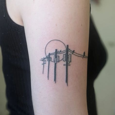 Crow On A Wire Tattoo, Telephone Line Tattoo, Telephone Wire Tattoo, Powerlines Tattoo, Powerline Tattoo, Tattoo Planning, Wire Tattoo, Portland Tattoo, Crow Tattoo