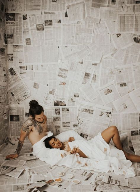 Newspaper and paint photo shoot of edgy couple Edgy Couple, Newspaper Wall, Newspaper Photo, Photography Set Up, Anniversary Pictures, Wichita Kansas, Photoshoot Themes, Pre Wedding Photos, Couple Shoot