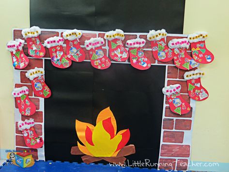 Teacher-Made fireplace for our classroom this Christmas :) Classroom Fireplace, Thanksgiving Yard Decorations, Outdoor Thanksgiving, December Crafts, Running Events, Holiday Classroom, Christmas Kindergarten, Decor For Christmas, Yard Decorations