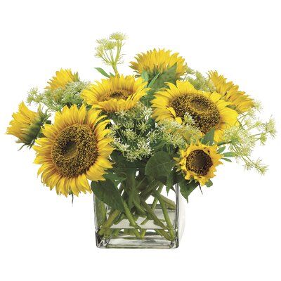 Yellow Floral Decor, Sunflower Floral Arrangements, Sunflower Arrangements, Faux Floral Arrangement, Queen Anne's Lace, Square Vase, Silk Plants, Queen Annes Lace, Clear Glass Vases